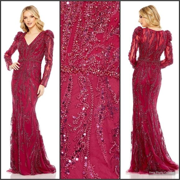 $998 MAC DUGGAL 20349 Embellished Puff Sleeve V Neck Gown - Picture 1 of 13